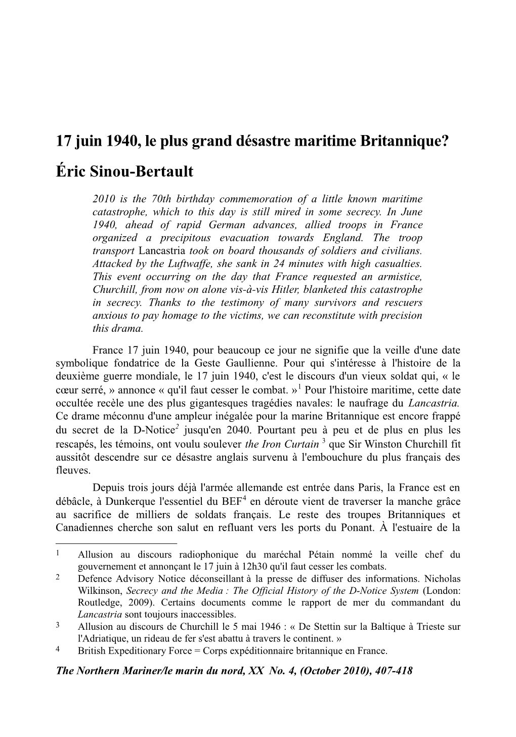 17 Juin 1940, Le Plus Grand Désastre Maritime Britannique? Éric Sinou-Bertault