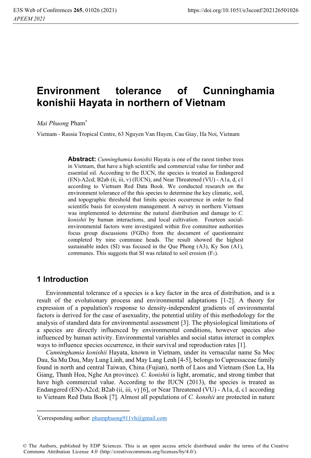 Environment Tolerance of Cunninghamia Konishii Hayata in Northern of Vietnam