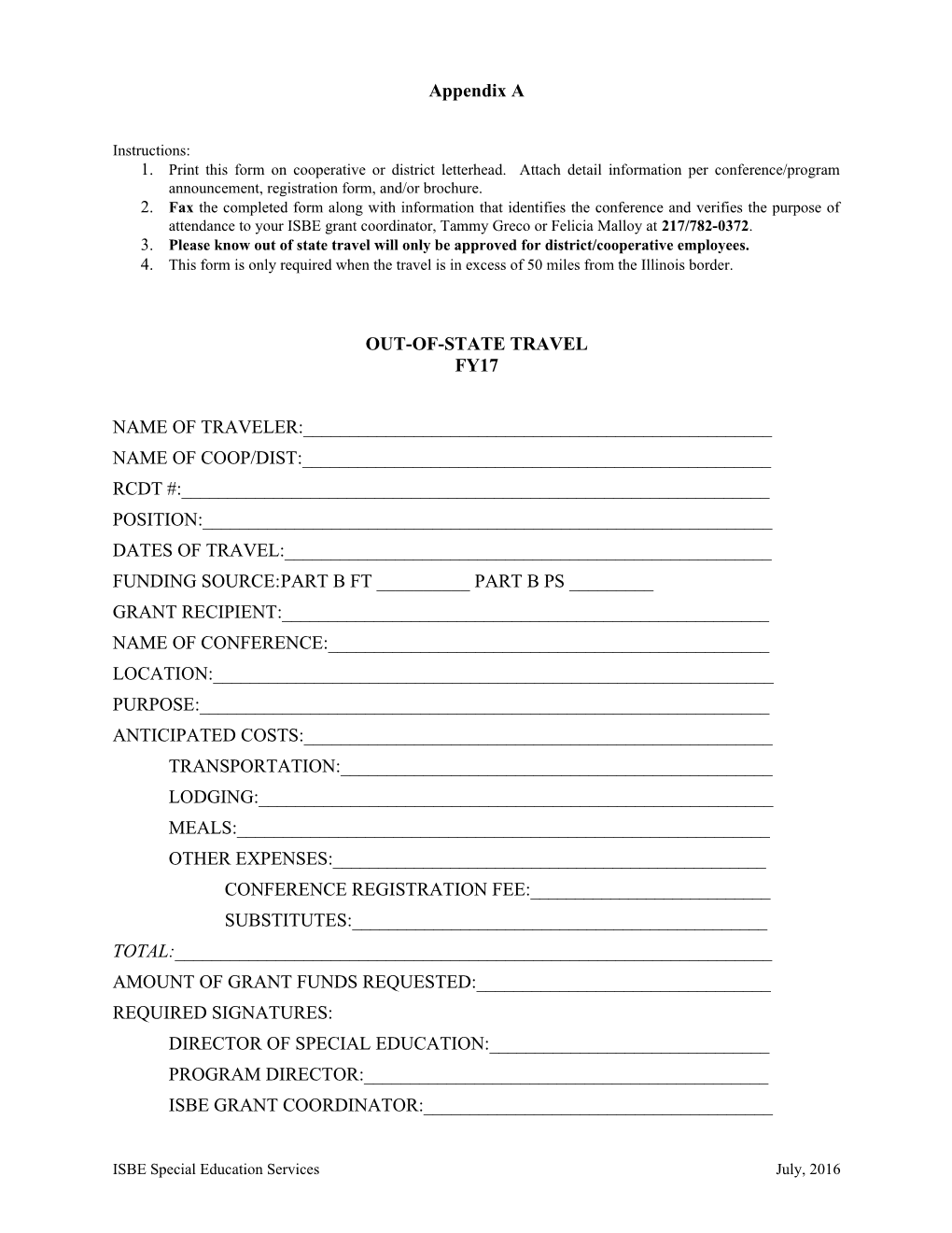 IDEA Part B Grant Program - FY17 out of State Travel Form