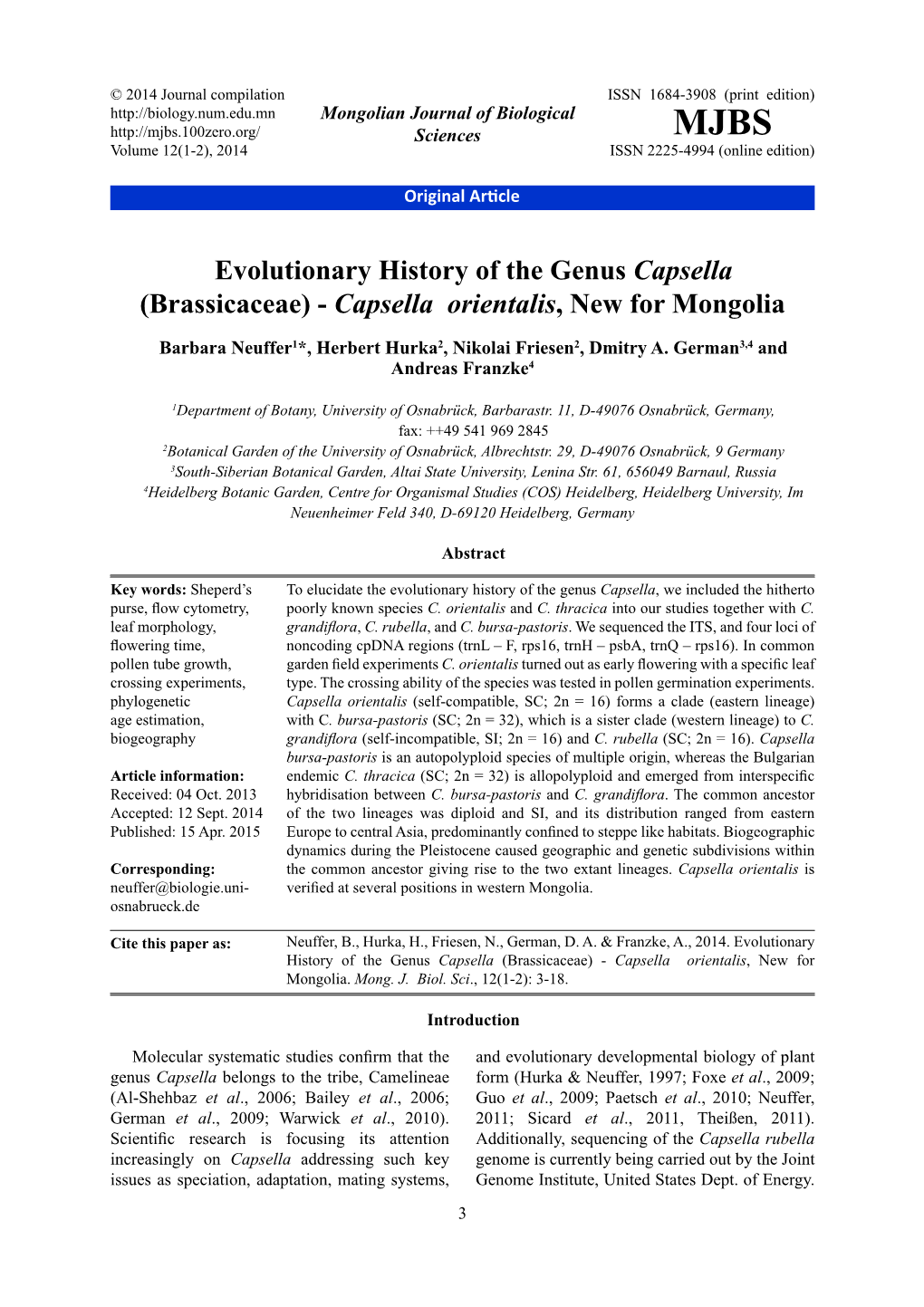 Evolutionary History of the Genus Capsella (Brassicaceae)-Capsella