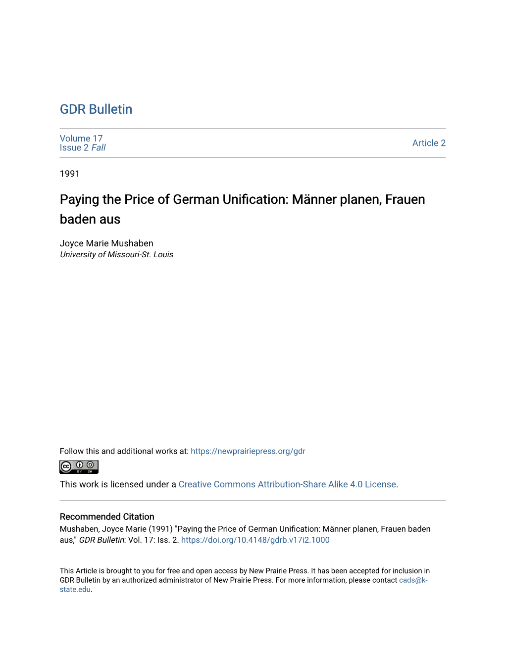 Paying the Price of German Unification: Männer Planen, Rf Auen Baden Aus