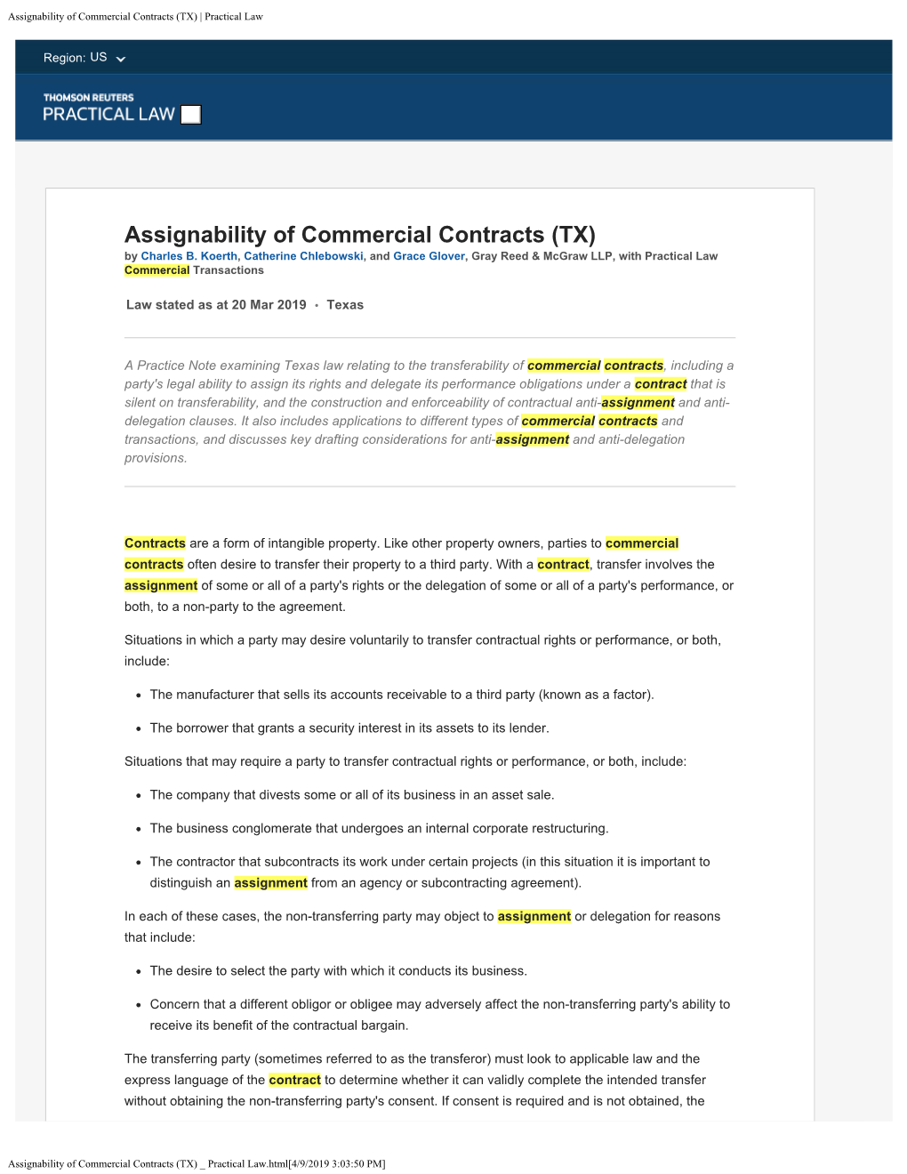 Assignability of Commercial Contracts (TX) | Practical Law