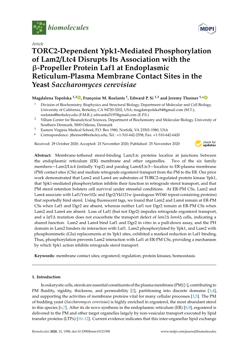 TORC2-Dependent Ypk1-Mediated Phosphorylation of Lam2/Ltc4