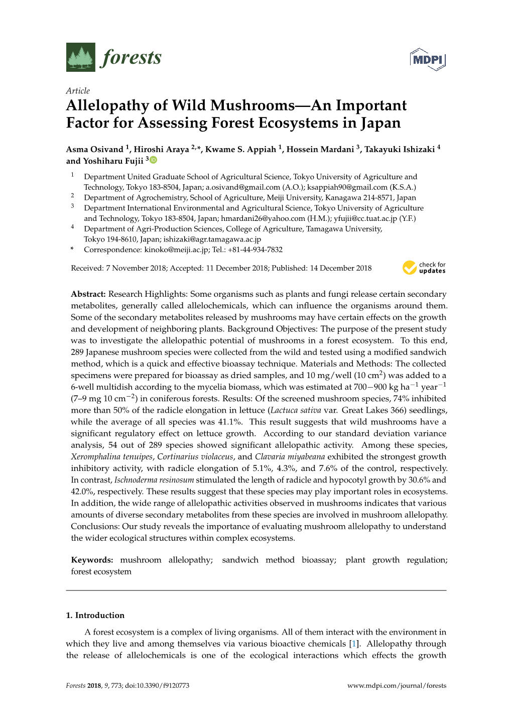 Allelopathy of Wild Mushrooms—An Important Factor for Assessing Forest Ecosystems in Japan