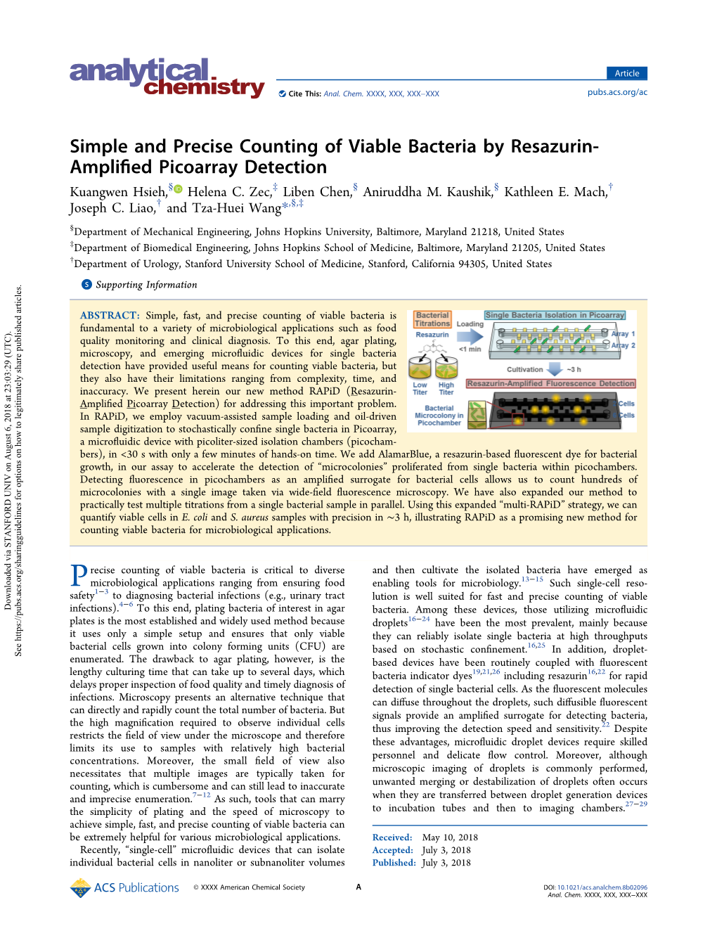 Simple and Precise Counting of Viable Bacteria by Resazurin- Ampliﬁed Picoarray Detection § ‡ § § † Kuangwen Hsieh, Helena C