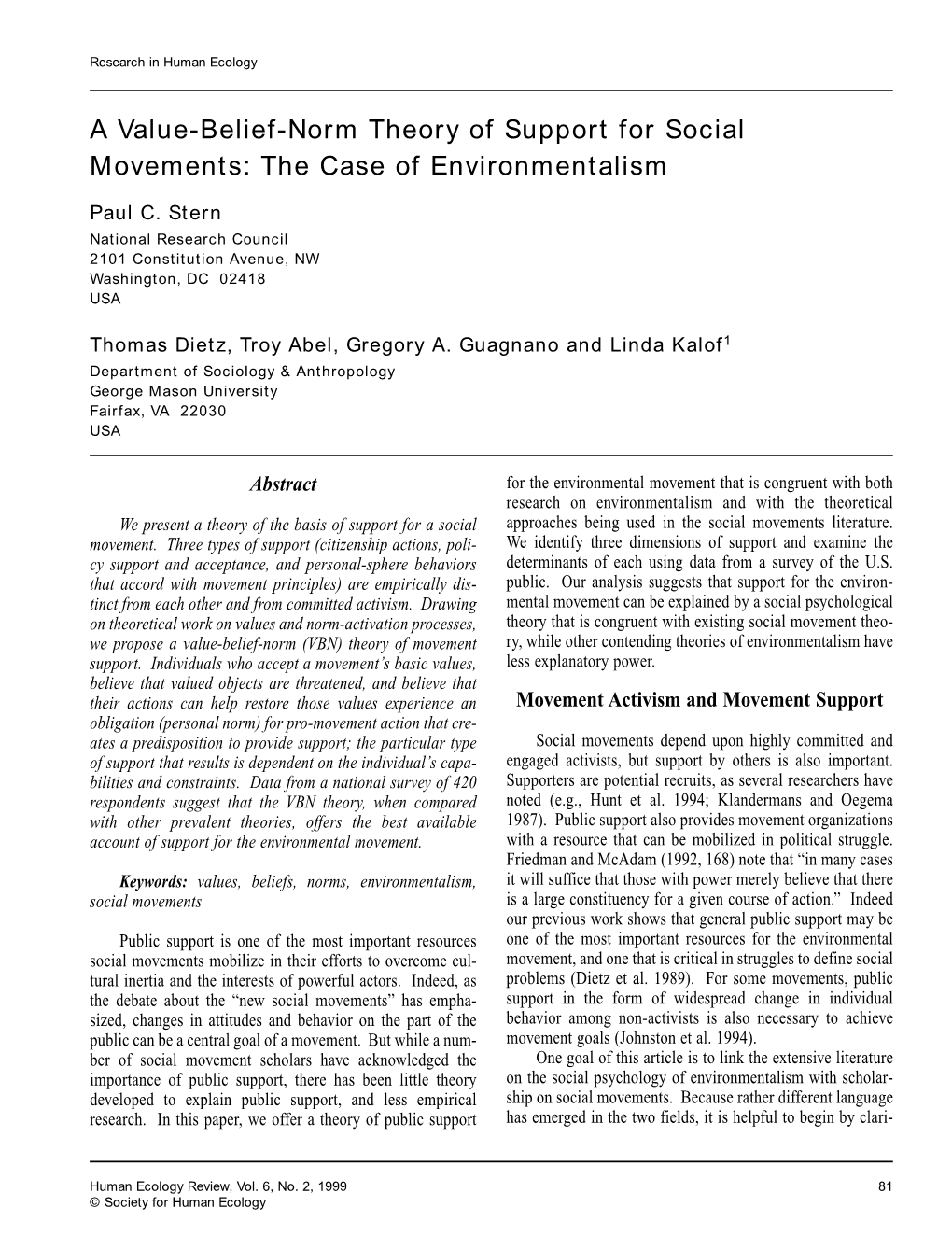 A Value-Belief-Norm Theory of Support for Social Movements: the Case of Environmentalism