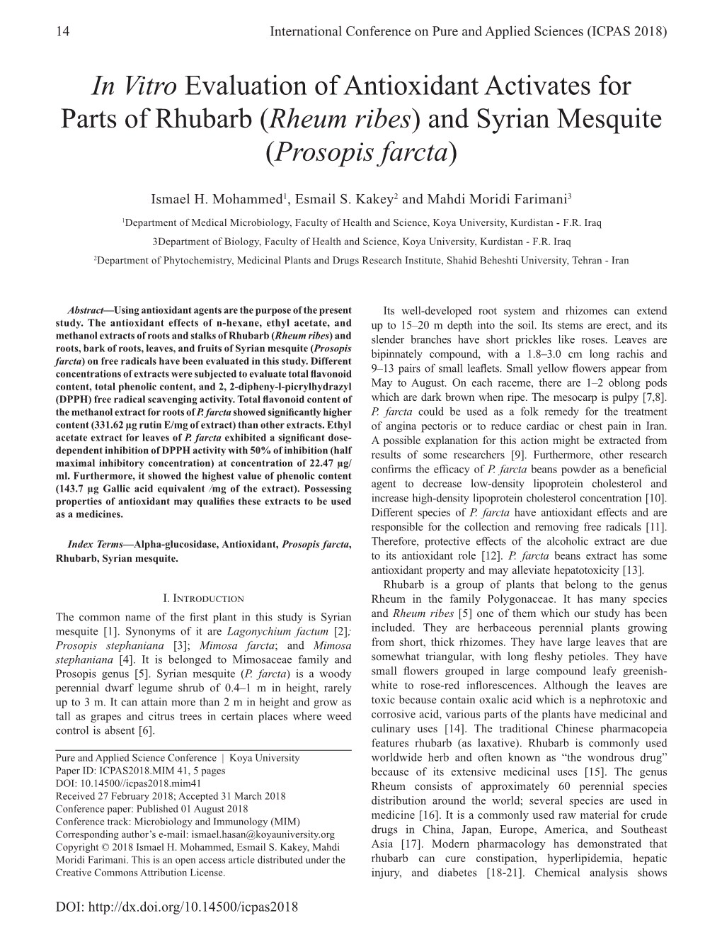 In Vitro Evaluation of Antioxidant Activates for Parts of Rhubarb (Rheum Ribes) and Syrian Mesquite (Prosopis Farcta)