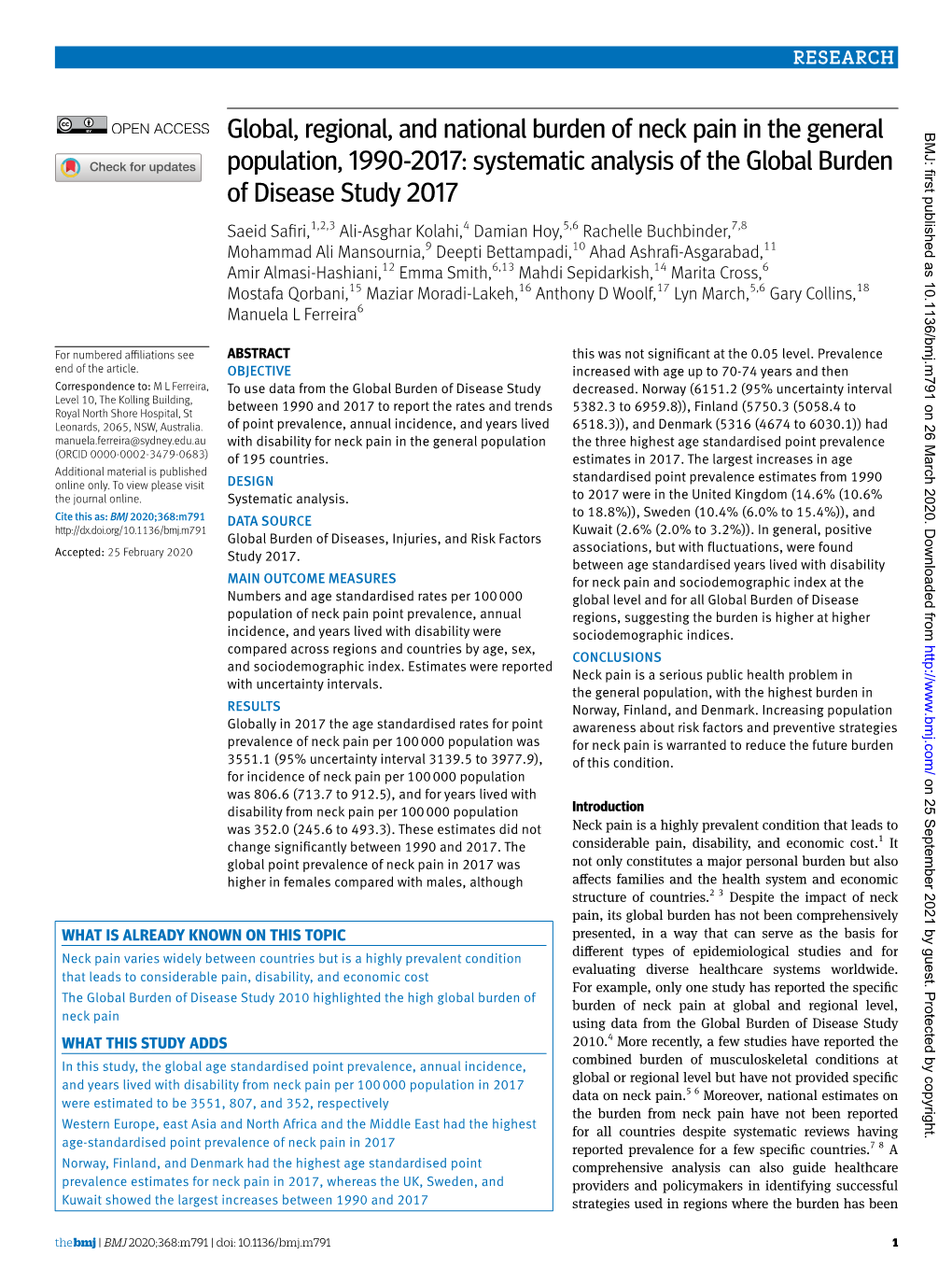 Global, Regional, and National Burden of Neck Pain in the General BMJ: First Published As 10.1136/Bmj.M791 on 26 March 2020