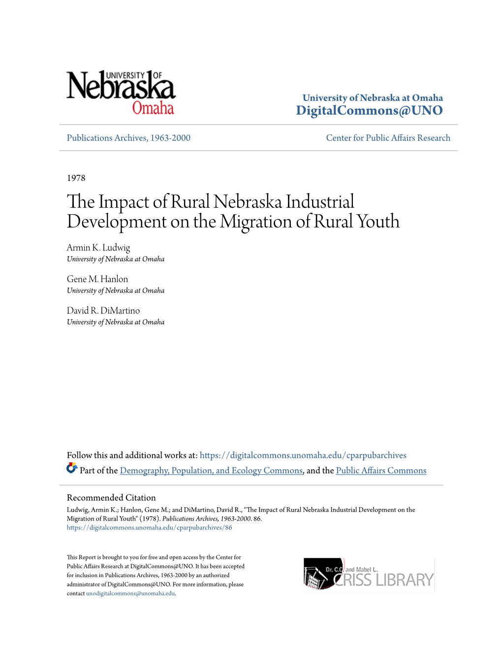 The Impact of Rural Nebraska Industrial Development on the Migration of Rural Youth