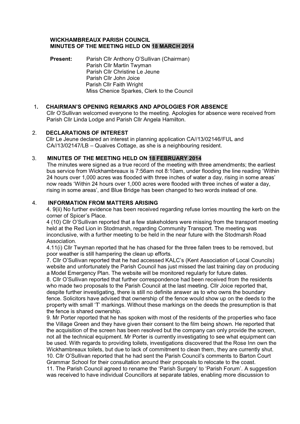 Wickhambreaux Parish Council Minutes of the Meeting Held on 18 March 2014