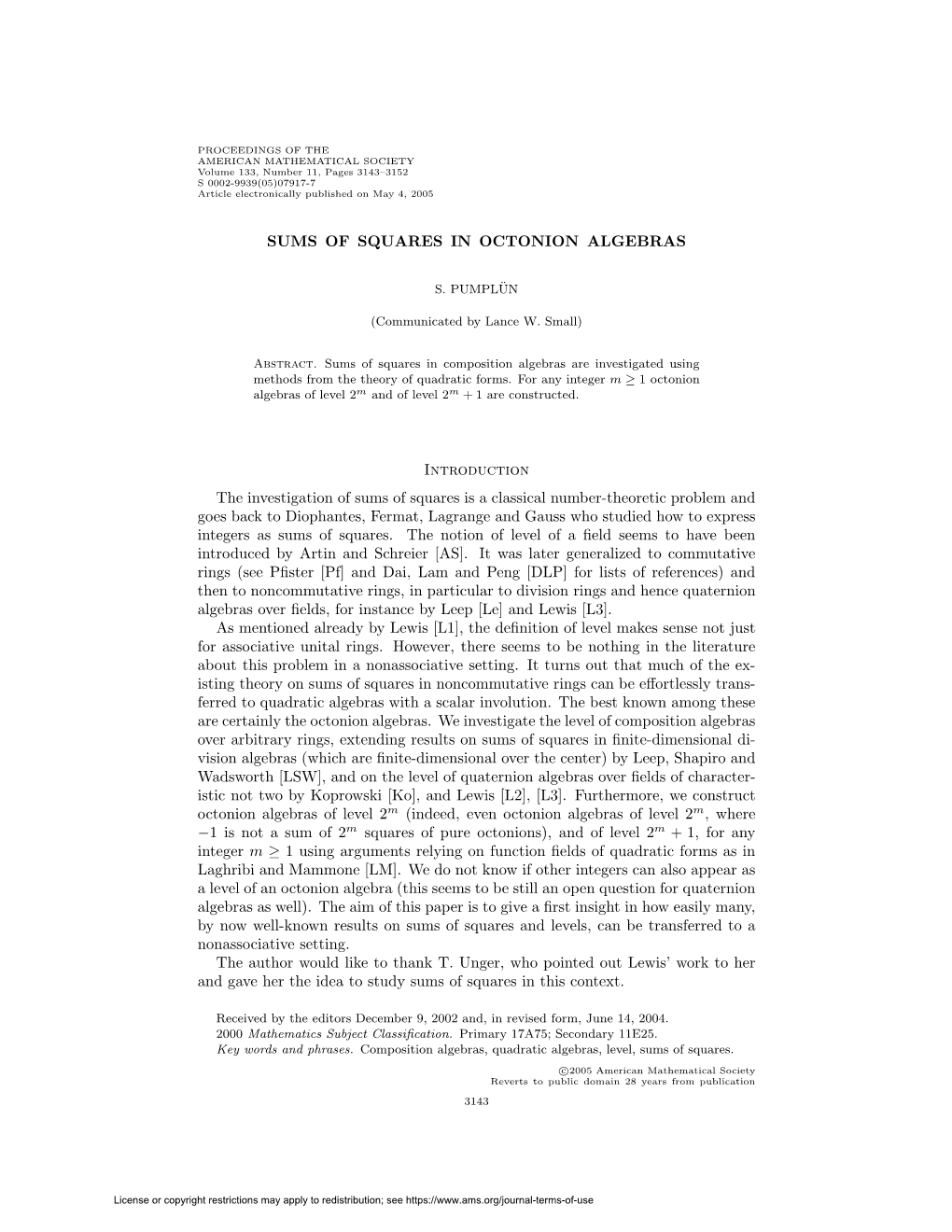 SUMS of SQUARES in OCTONION ALGEBRAS Introduction The