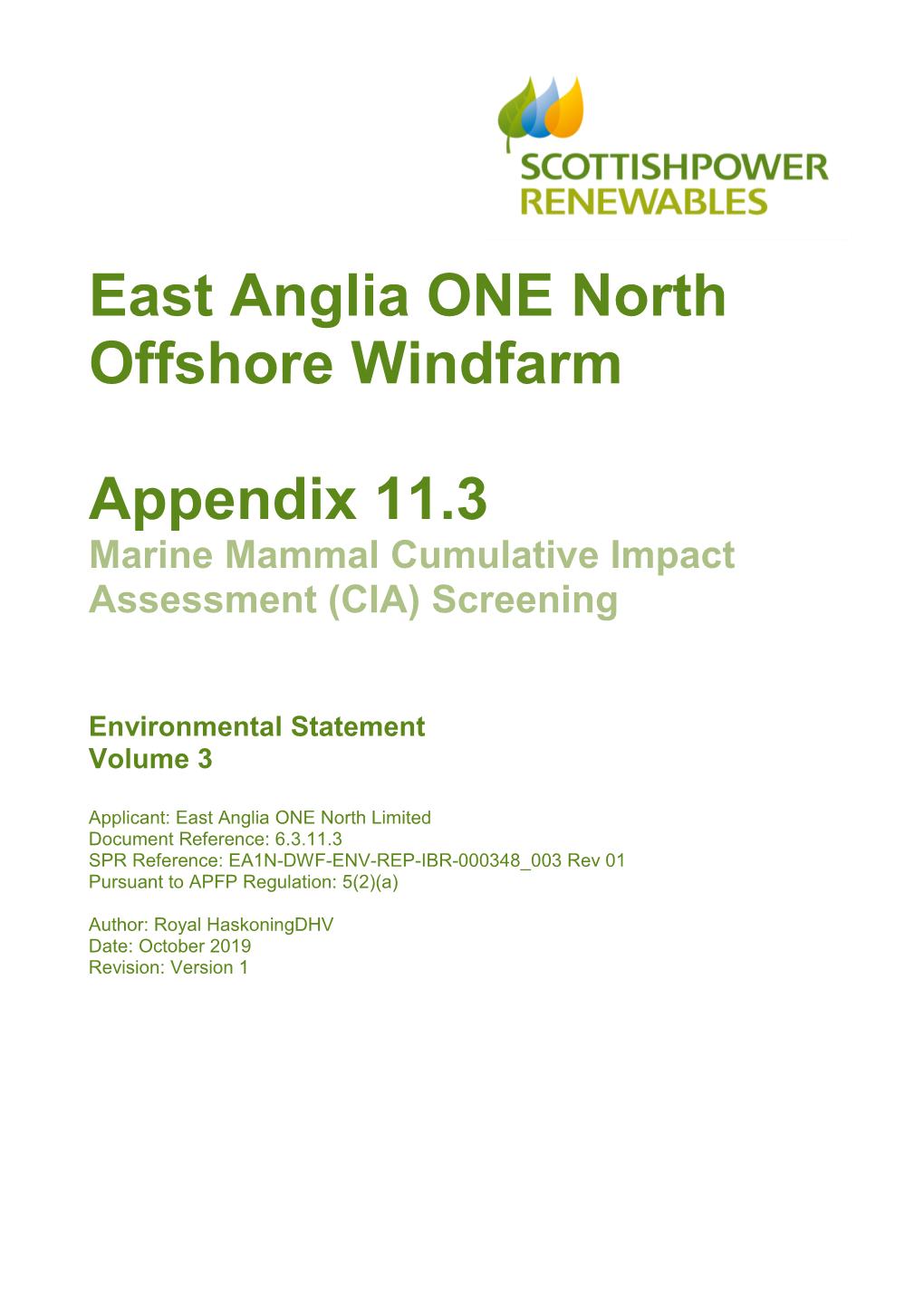 East Anglia ONE North Offshore Windfarm Appendix 11.3