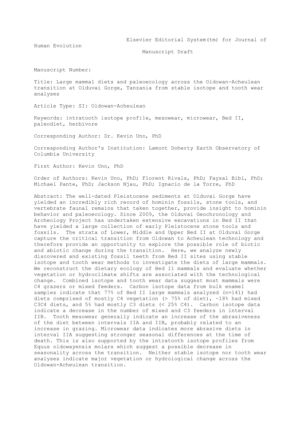 Elsevier Editorial System(Tm) for Journal of Human Evolution Manuscript Draft Manuscript Number: Title: Large Mammal Diets