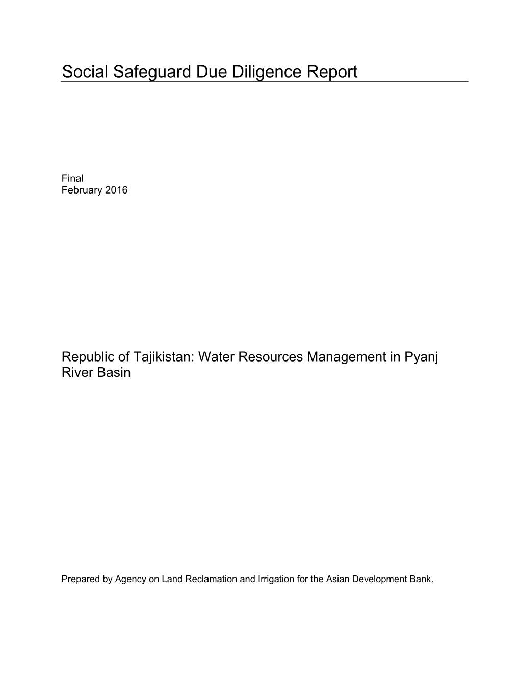 Water Resources Management in Pyanj River Basin: Social Safeguard Due Diligence Report