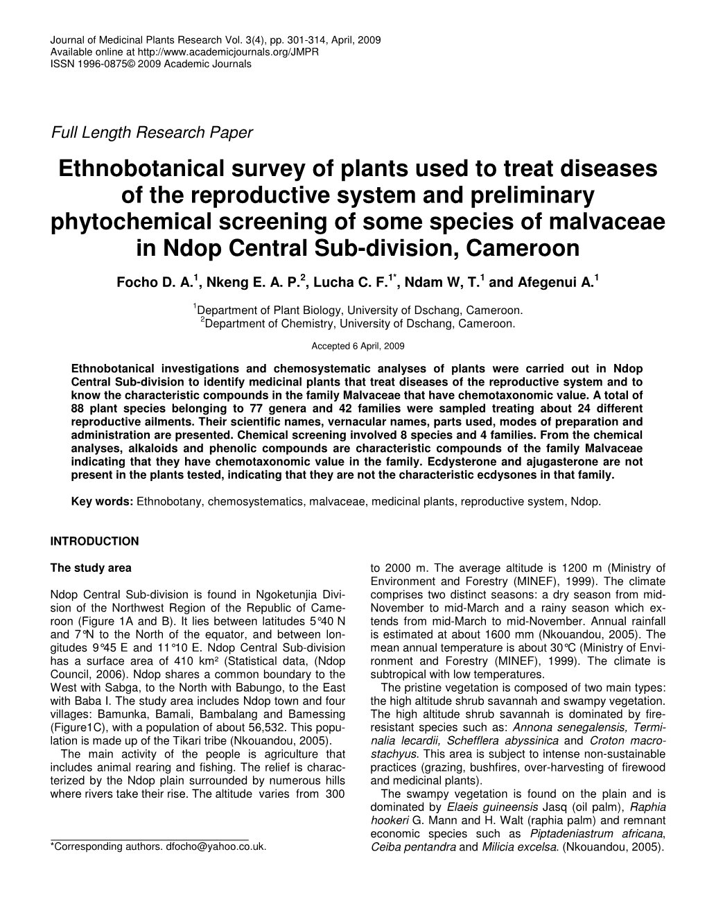 Ethnobotanical Survey of Plants Used to Treat Diseases of the Reproductive