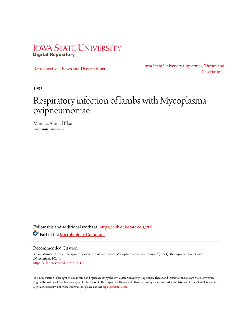 Respiratory Infection of Lambs with Mycoplasma Ovipneumoniae Mumtaz Ahmad Khan Iowa State University