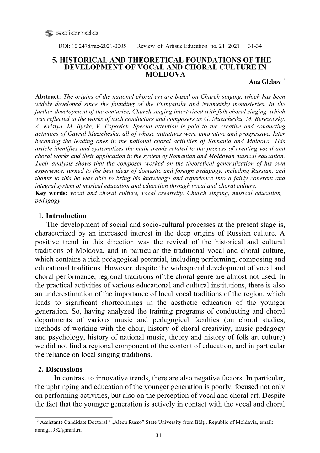 5. HISTORICAL and THEORETICAL FOUNDATIONS of the DEVELOPMENT of VOCAL and CHORAL CULTURE in MOLDOVA Ana Glebov12