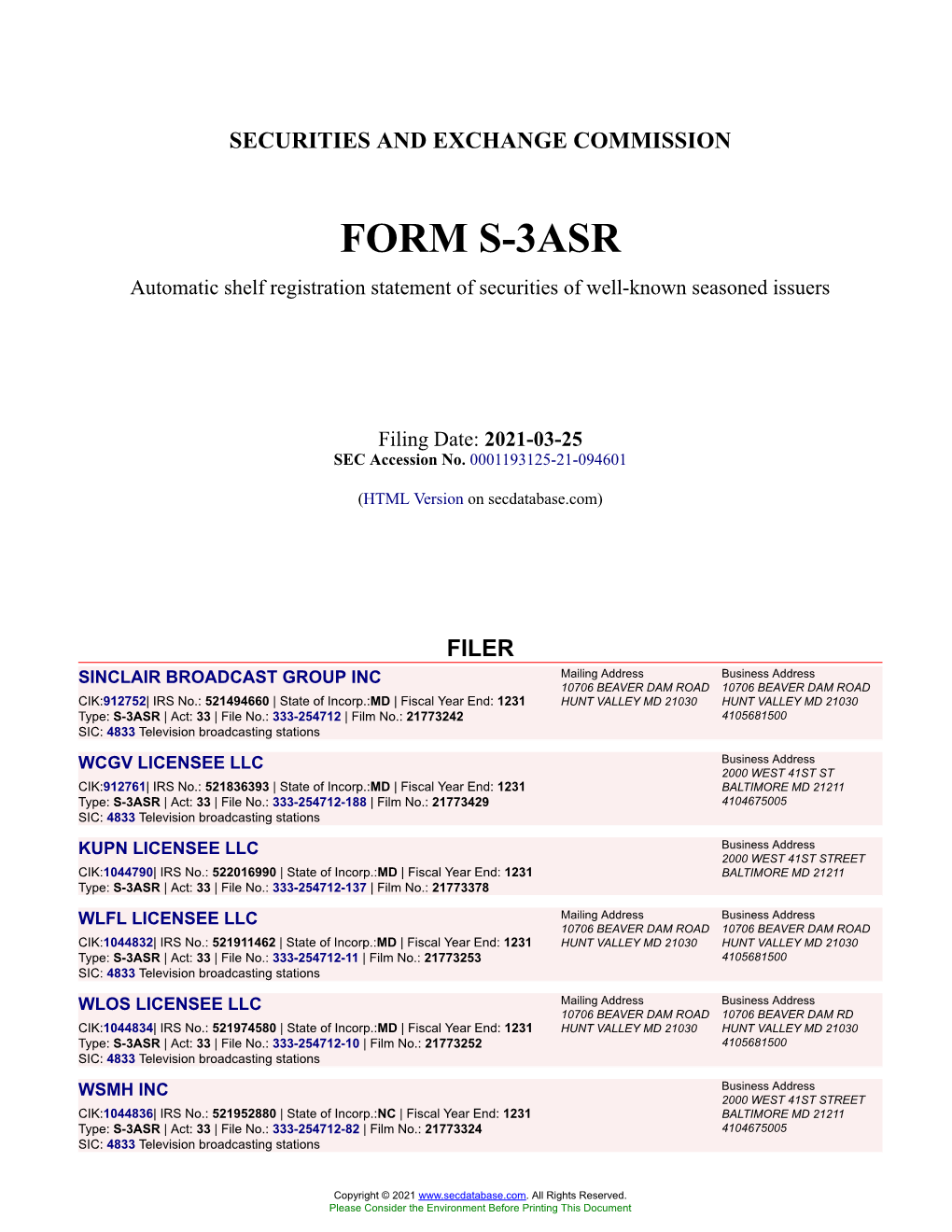 SINCLAIR BROADCAST GROUP INC Form S-3ASR