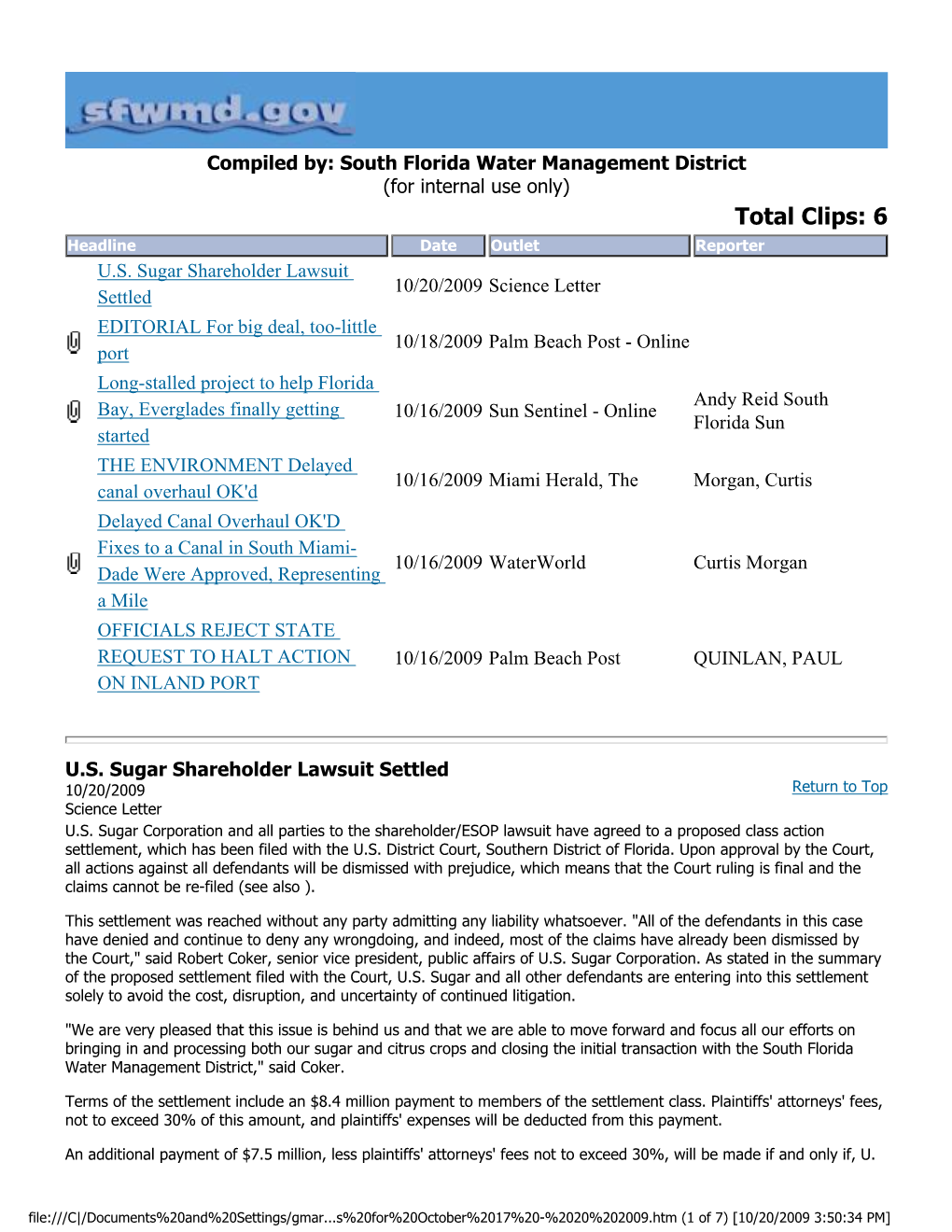 Total Clips: 6 Headline Date Outlet Reporter U.S