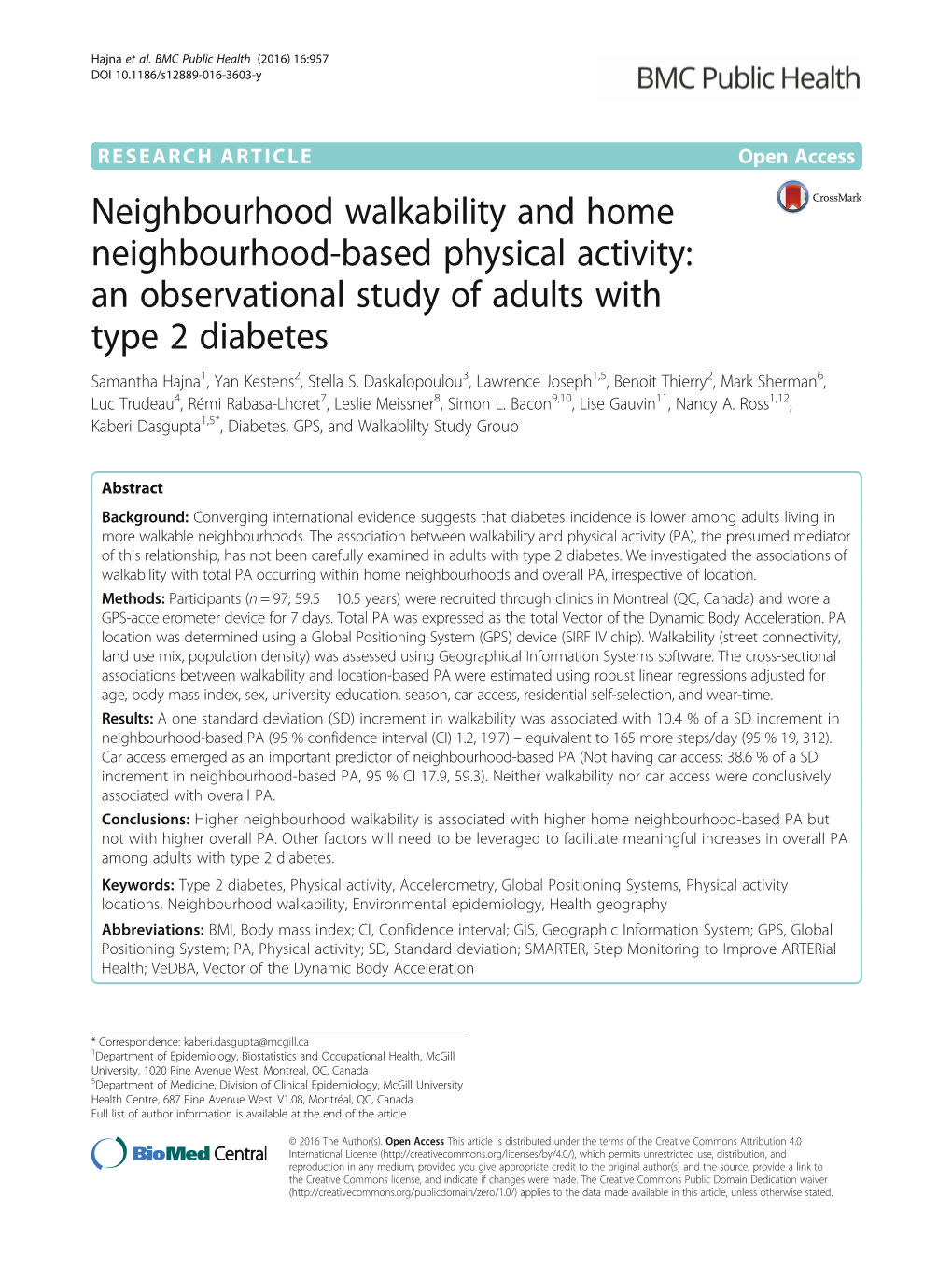 An Observational Study of Adults with Type 2 Diabetes Samantha Hajna1, Yan Kestens2, Stella S