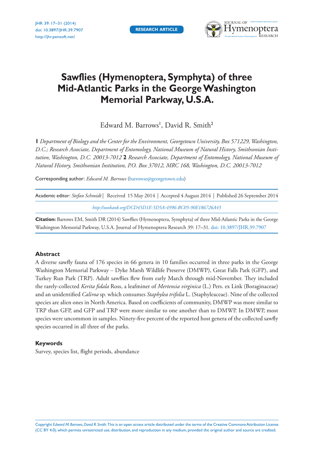 Sawflies (Hymenoptera, Symphyta) of Three Mid-Atlantic Parks in the George Washington Memorial Parkway, U.S.A