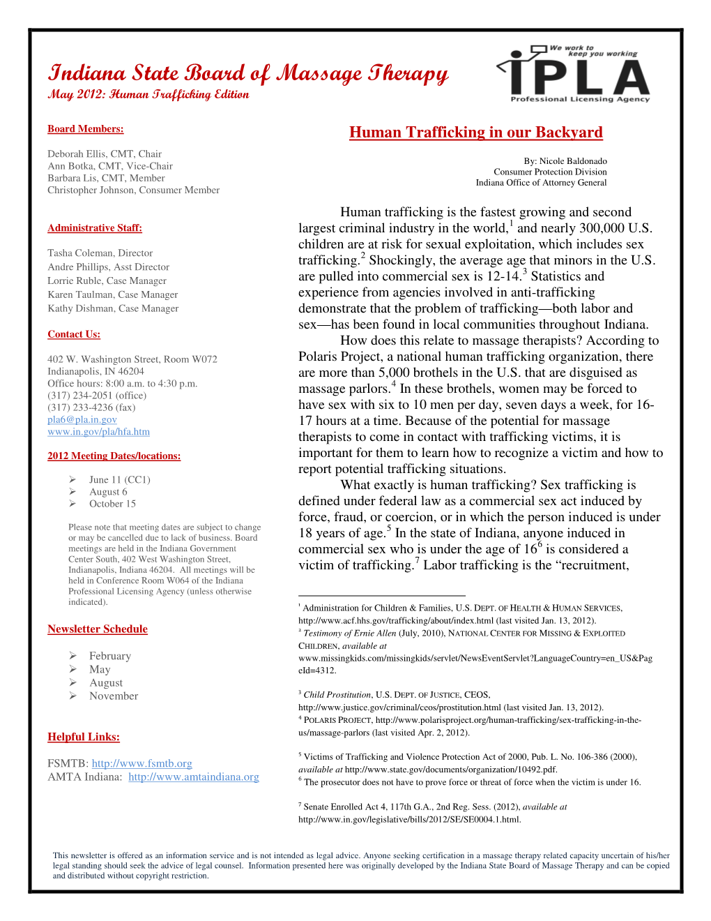Indiana State Board of Massage Therapy May 2012: Human Trafficking Edition
