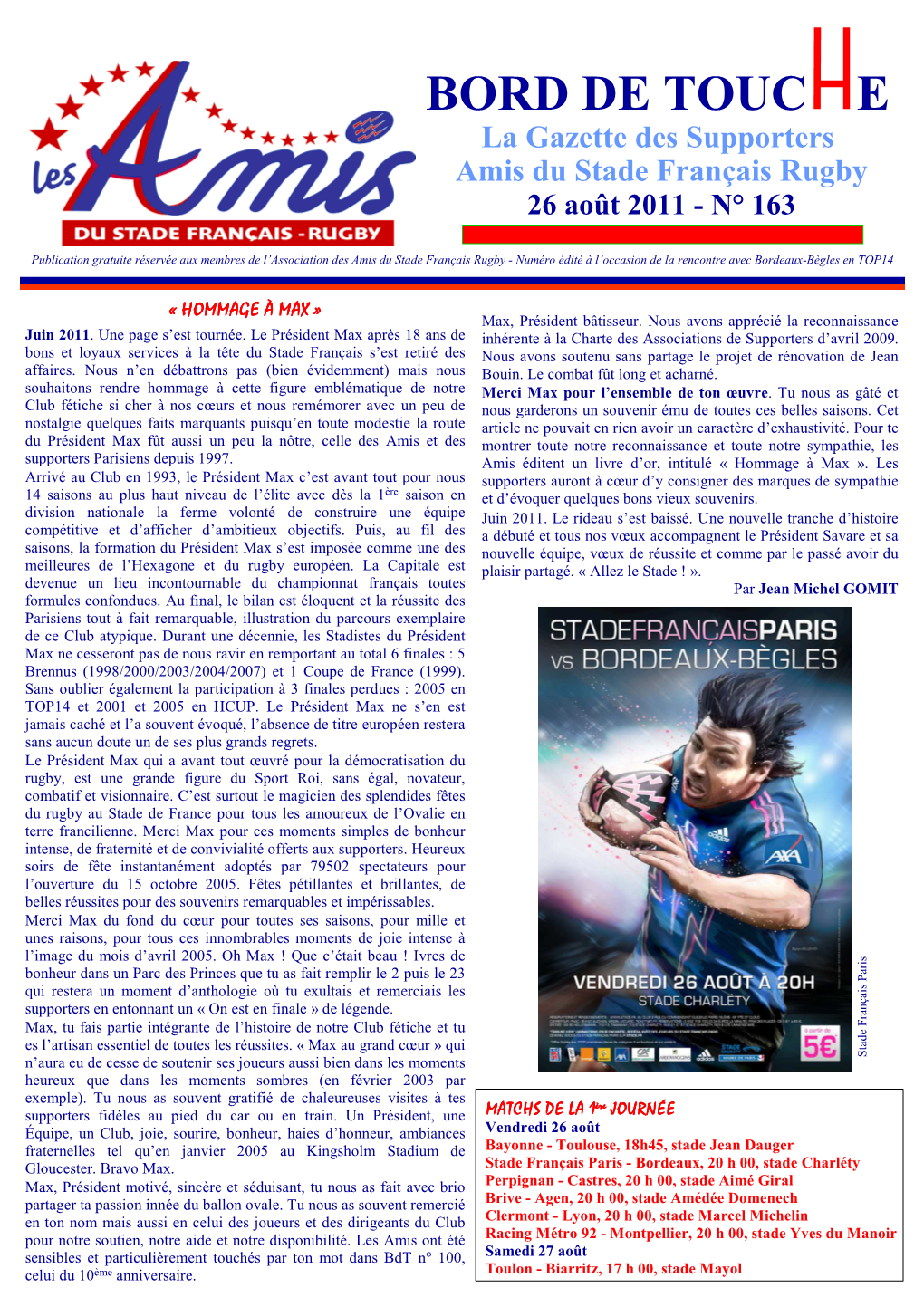 BORD DE TOUC E La Gazette Des Supporters Amis Du Stade Français Rugby 26 Août 2011 - N° 163