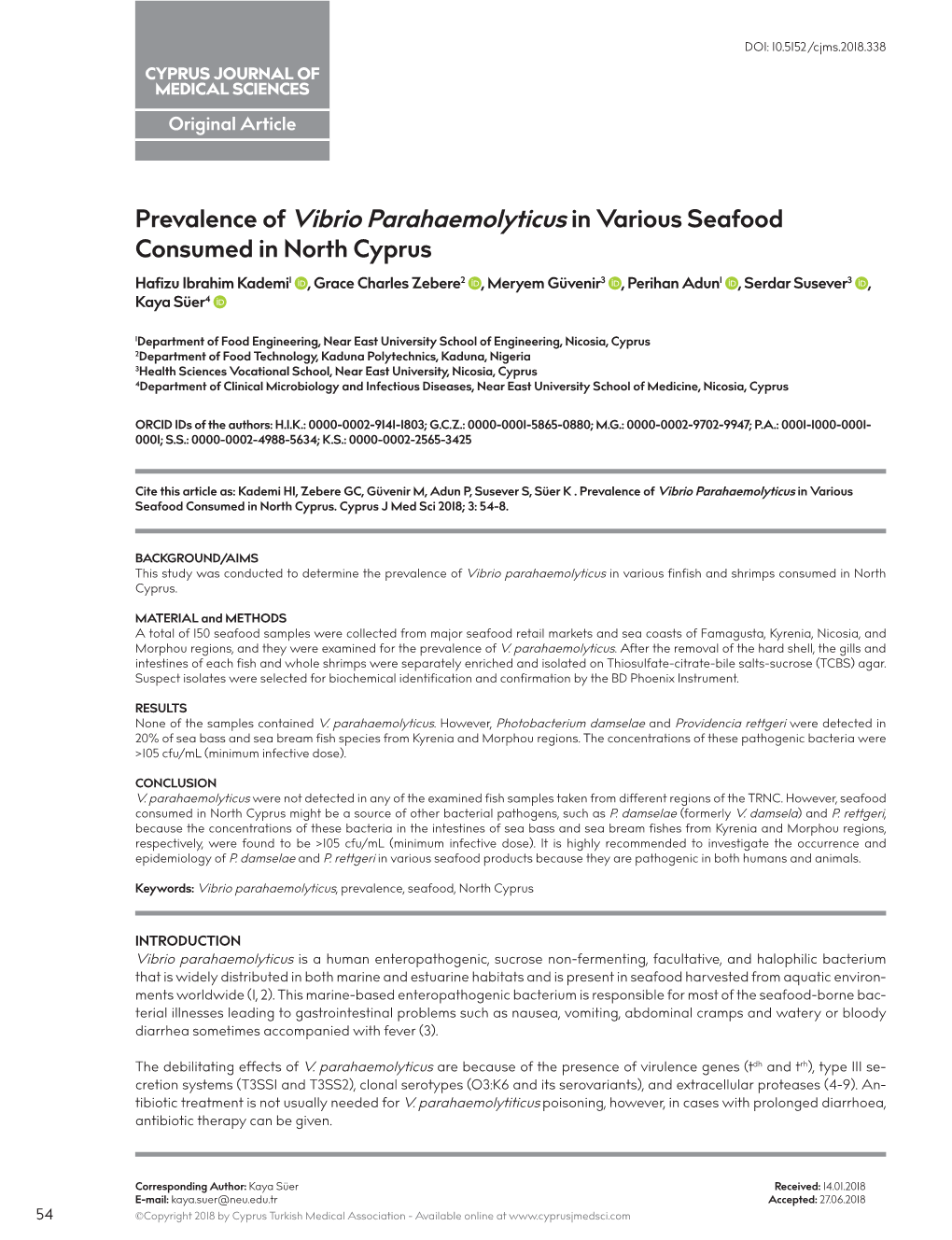 Prevalence of Vibrio Parahaemolyticus in Various