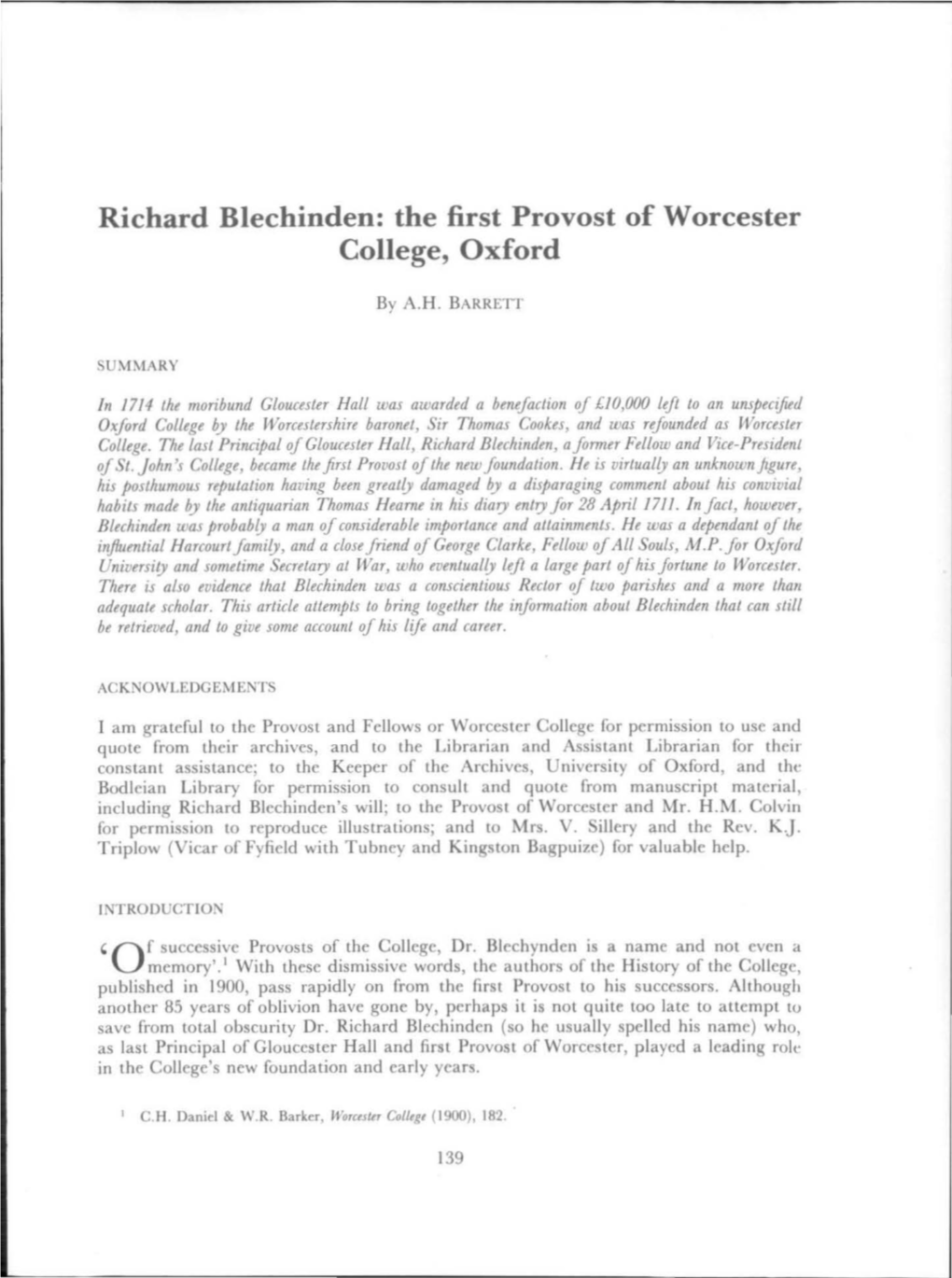 Richard Blechinden: the First Provost of Worcester College, Oxford