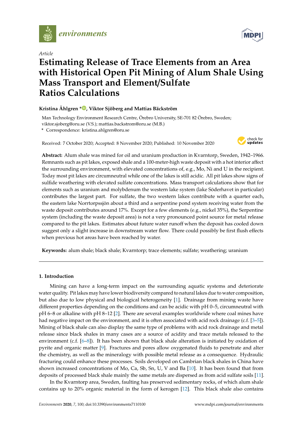 Estimating Release of Trace Elements from an Area with Historical Open Pit Mining of Alum Shale Using Mass Transport and Element/Sulfate Ratios Calculations