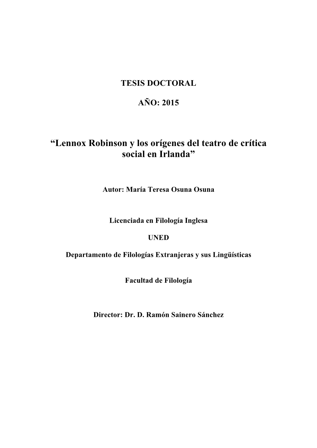 “Lennox Robinson Y Los Orígenes Del Teatro De Crítica Social En Irlanda”