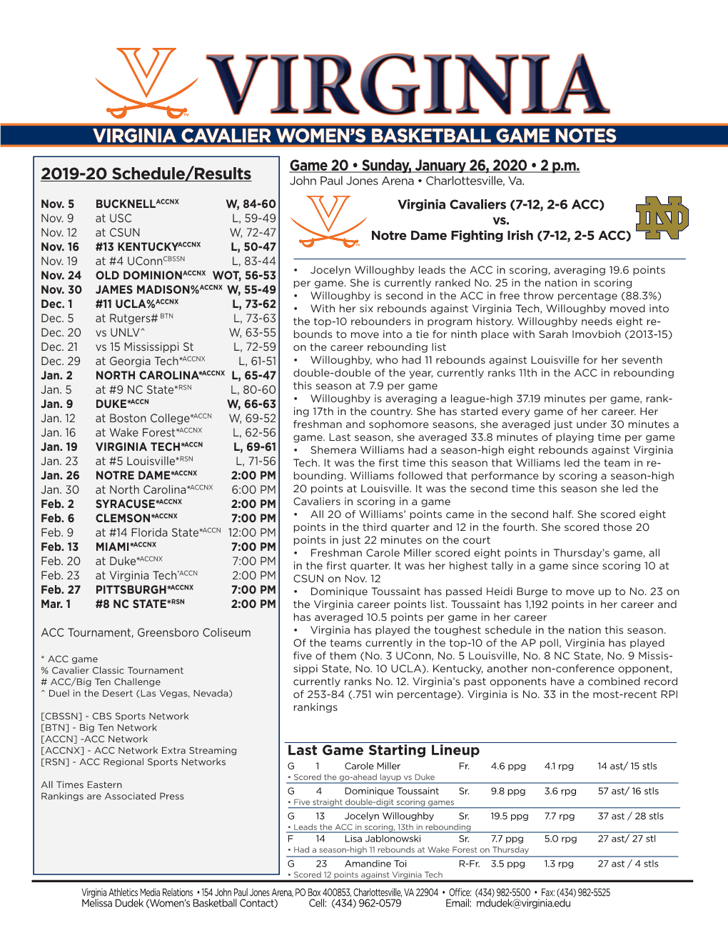 Virginia Cavalier Women's Basketball Game Notes