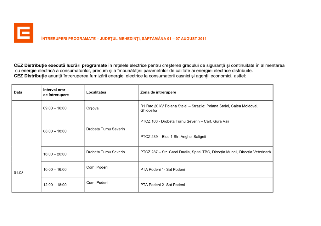 CEZ Distribuţie Execută Lucrări Programate În Reţelele Electrice