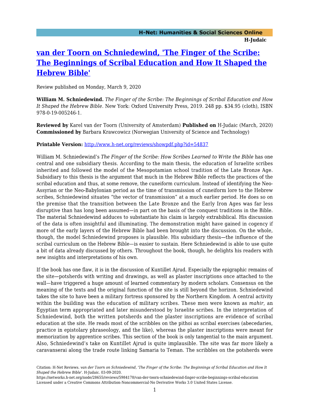 Van Der Toorn on Schniedewind, 'The Finger of the Scribe: the Beginnings of Scribal Education and How It Shaped the Hebrew Bible'