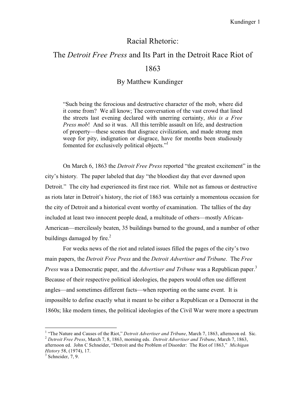 The Detroit Free Press and Its Part in the Detroit Race Riot of 1863 by Matthew Kundinger