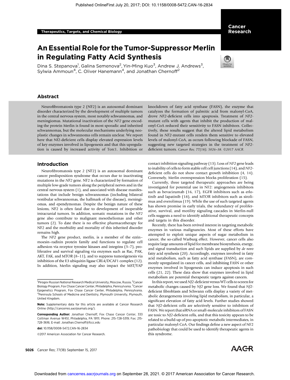 An Essential Role for the Tumor-Suppressor Merlin in Regulating Fatty Acid Synthesis Dina S