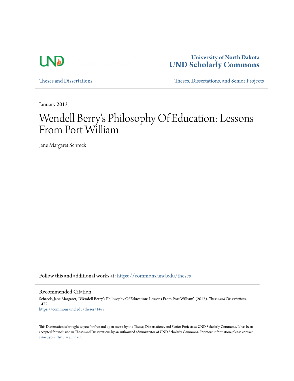 Wendell Berry's Philosophy of Education: Lessons from Port William Jane Margaret Schreck