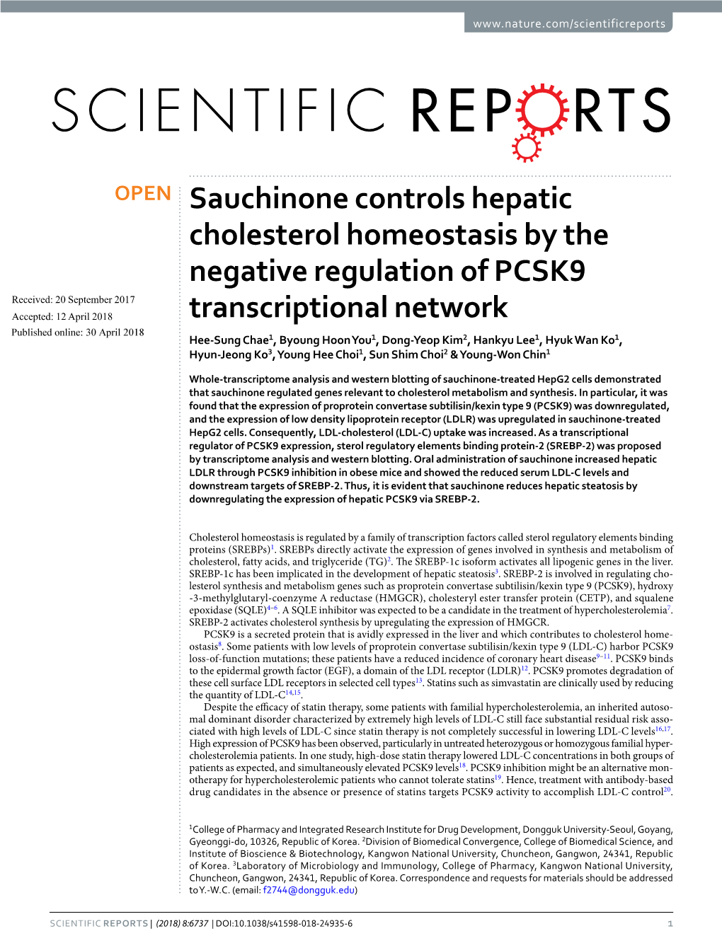 Sauchinone Controls Hepatic Cholesterol Homeostasis by The