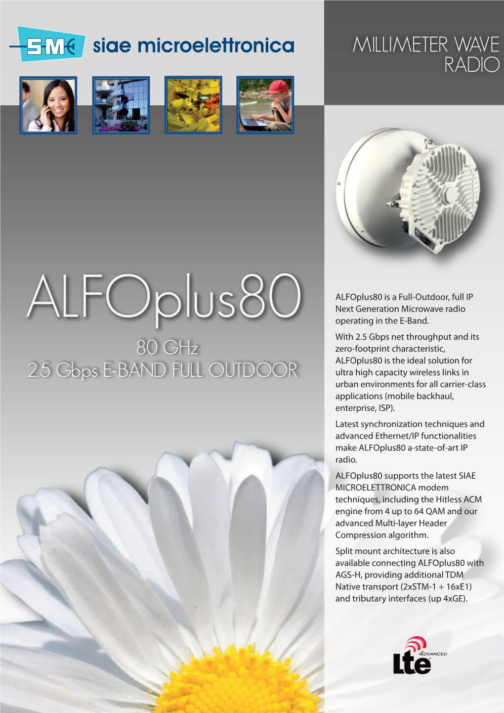 Alfoplus80 Is a Full-Outdoor, Full IP Next Generation Microwave Radio Alfoplus80 Operating in the E-Band