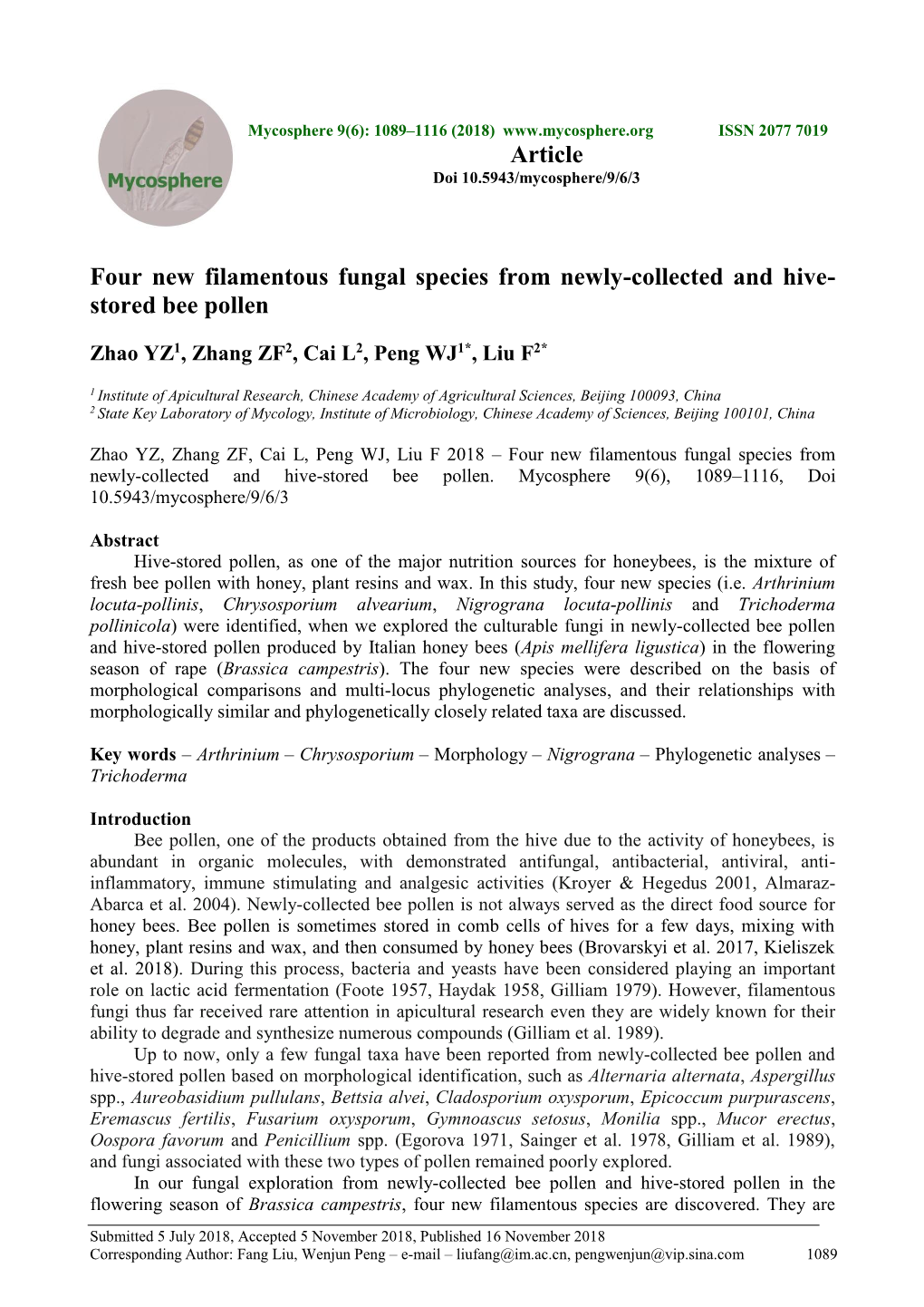 Four New Filamentous Fungal Species from Newly-Collected and Hive- Stored Bee Pollen