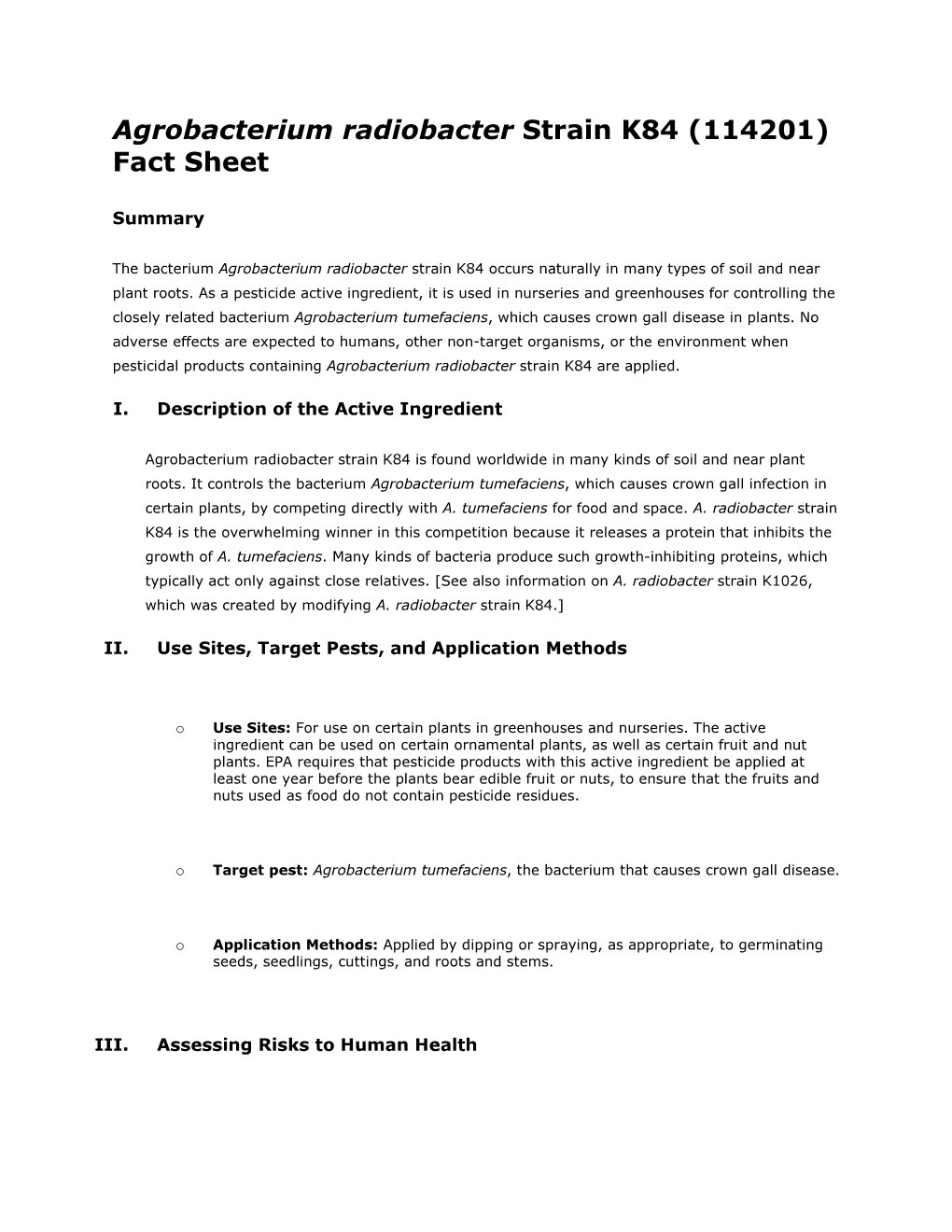 Agrobacterium Radiobacter Strain K84 (114201) Fact Sheet