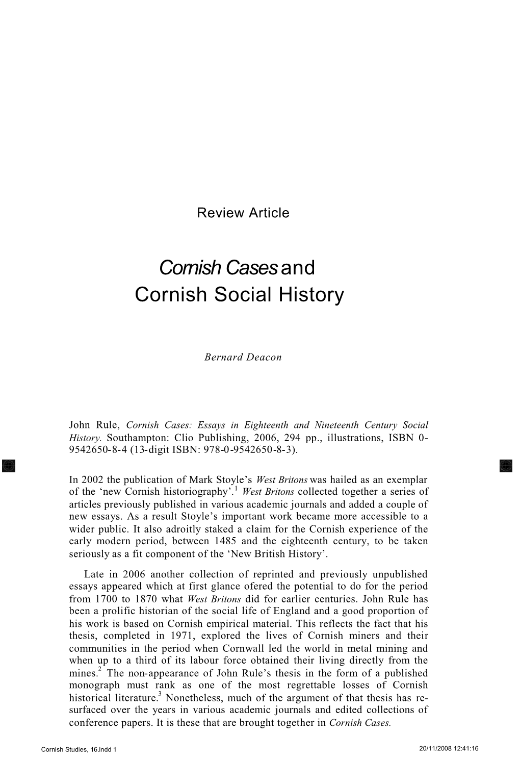 Cornish Casesand Cornish Social History