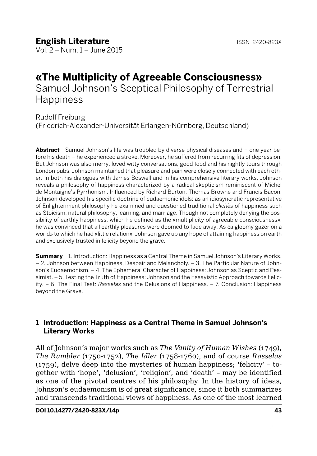 «The Multiplicity of Agreeable Consciousness» Samuel Johnson's