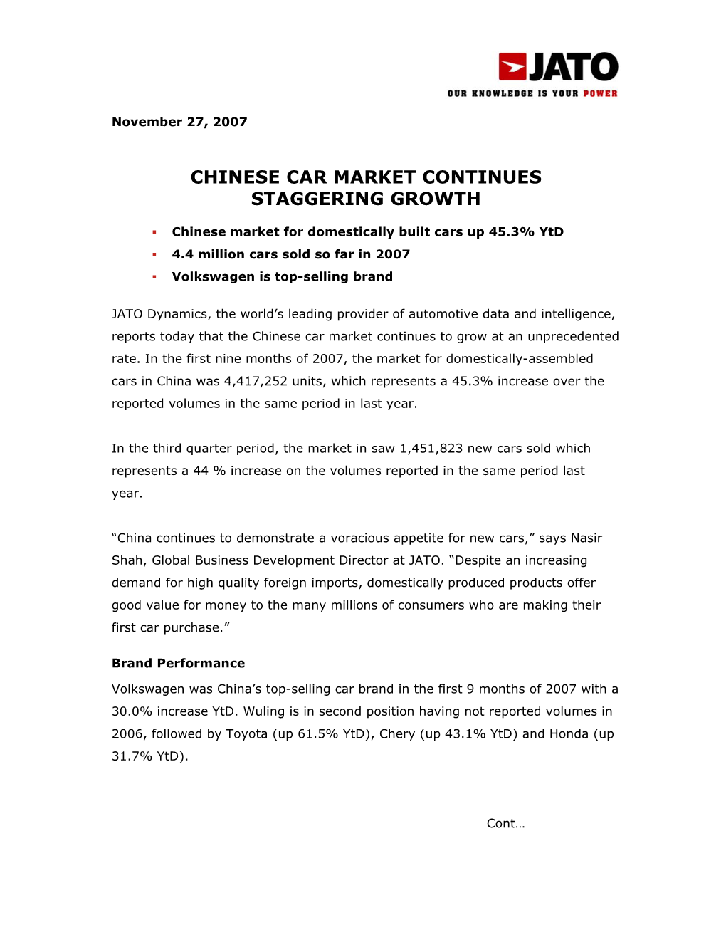 Chinese Car Market Continues Staggering Growth 27.11.2007