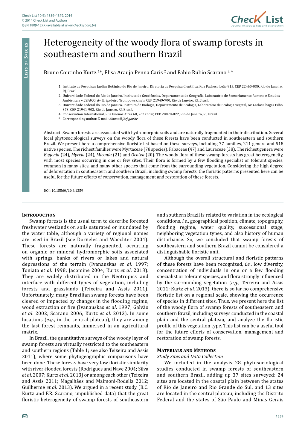 Chec List Heterogeneity of the Woody Flora of Swamp Forests In