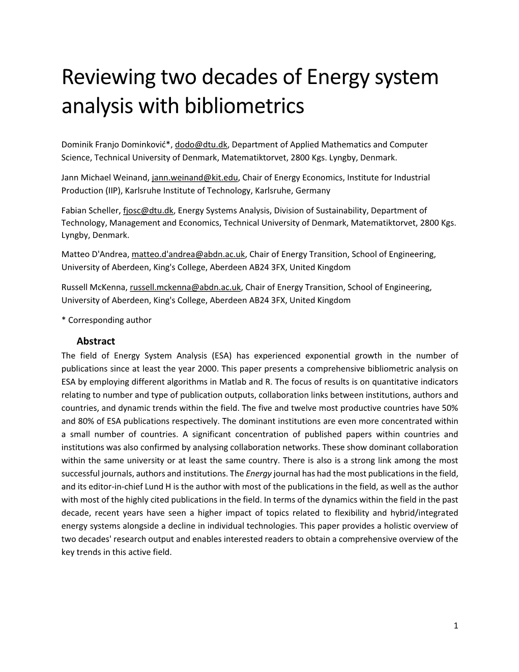 Reviewing Two Decades of Energy System Analysis with Bibliometrics