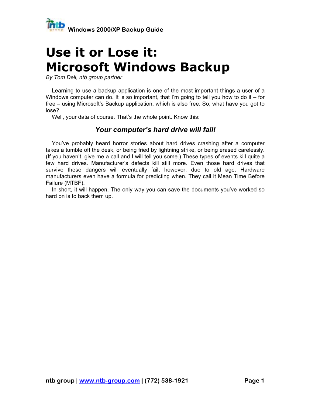 Microsoft Windows Backup by Tom Dell, Ntb Group Partner