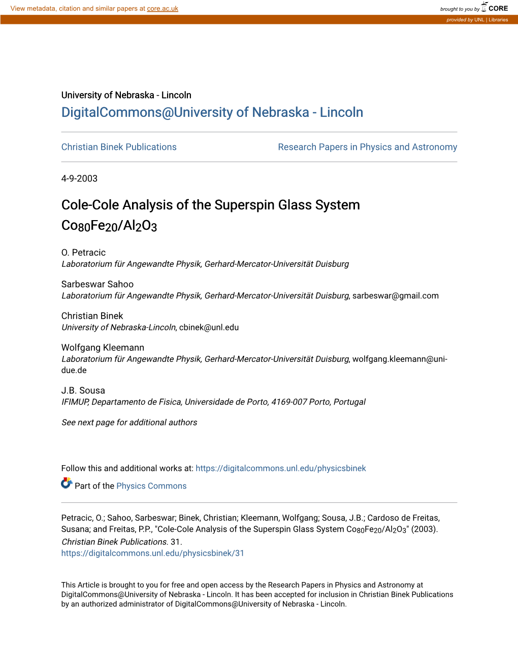 Cole-Cole Analysis of the Superspin Glass System Co80fe20/Al2o3