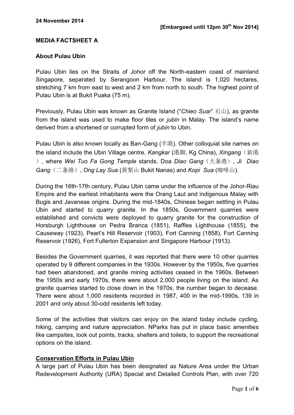 Of 6 MEDIA FACTSHEET a About Pulau Ubin