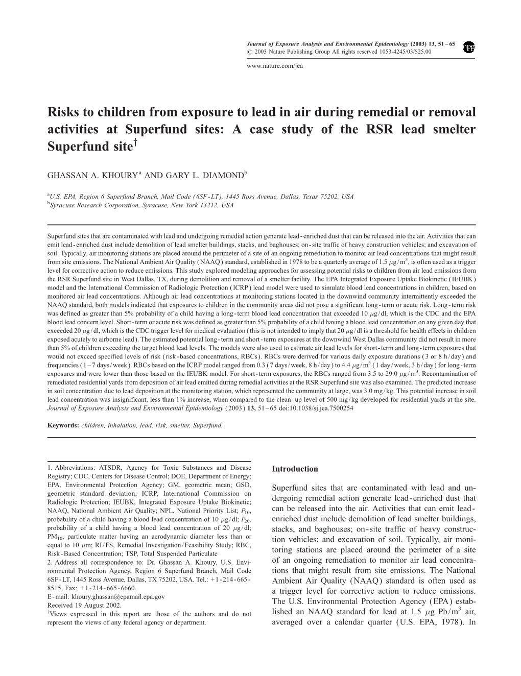 Risks to Children from Exposure to Lead in Air During Remedial Or Removal Activities at Superfund Sites: a Case Study of the RSR Lead Smelter Superfund Sitey